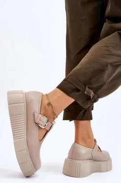 Outlet Zazoo 20102 Modne Skórzane Półbuty Na Masywnej Platformie Beżowe