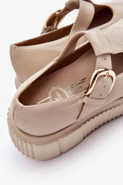Outlet Zazoo 20102 Modne Skórzane Półbuty Na Masywnej Platformie Beżowe