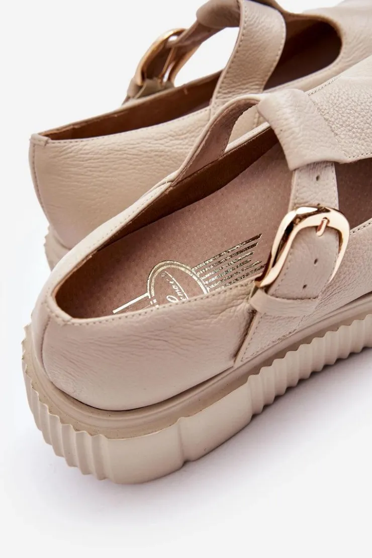 Outlet Zazoo 20102 Modne Skórzane Półbuty Na Masywnej Platformie Beżowe