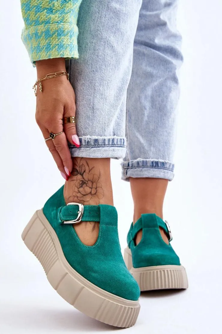 Zazoo Półbuty Lakierowane|Półbuty Skórzane*20102 Modne Zamszowe Półbuty Na Masywnej Platformie Zielone