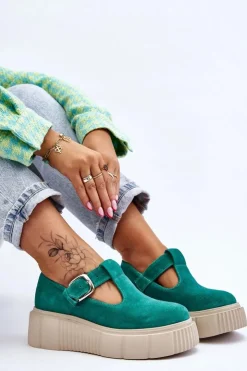 Zazoo Półbuty Lakierowane|Półbuty Skórzane*20102 Modne Zamszowe Półbuty Na Masywnej Platformie Zielone