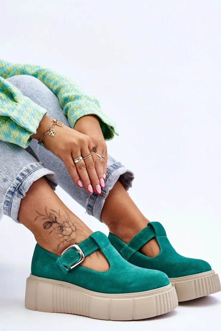 Zazoo Półbuty Lakierowane|Półbuty Skórzane*20102 Modne Zamszowe Półbuty Na Masywnej Platformie Zielone