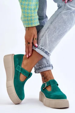 Zazoo Półbuty Lakierowane|Półbuty Skórzane*20102 Modne Zamszowe Półbuty Na Masywnej Platformie Zielone