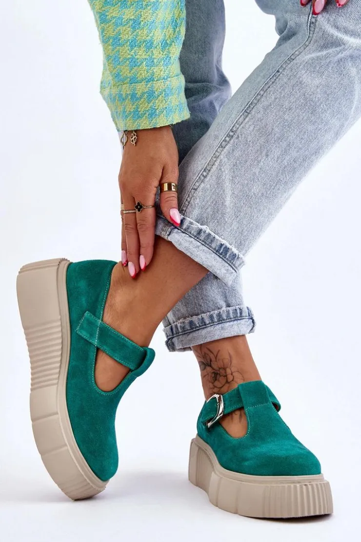 Zazoo Półbuty Lakierowane|Półbuty Skórzane*20102 Modne Zamszowe Półbuty Na Masywnej Platformie Zielone