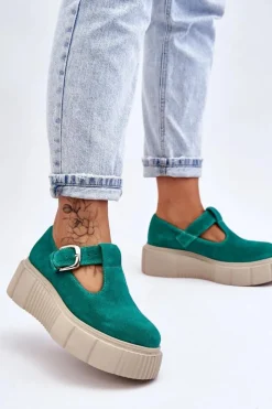 Zazoo Półbuty Lakierowane|Półbuty Skórzane*20102 Modne Zamszowe Półbuty Na Masywnej Platformie Zielone
