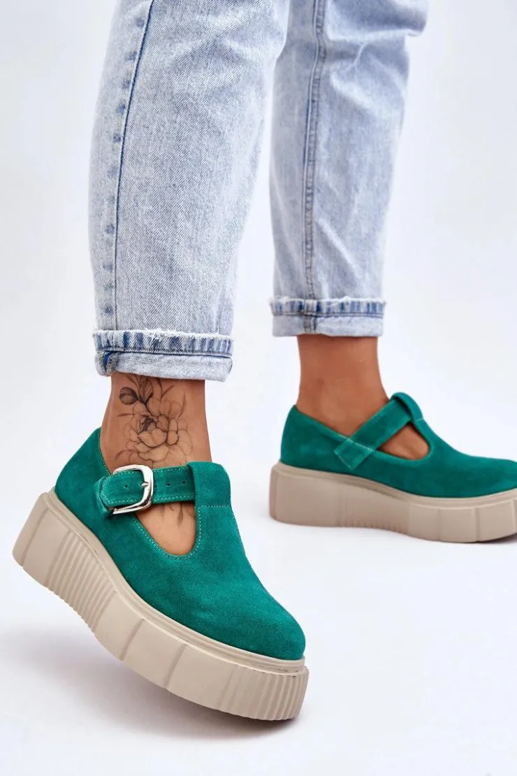 Zazoo Półbuty Lakierowane|Półbuty Skórzane*20102 Modne Zamszowe Półbuty Na Masywnej Platformie Zielone