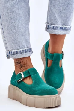Zazoo Półbuty Lakierowane|Półbuty Skórzane*20102 Modne Zamszowe Półbuty Na Masywnej Platformie Zielone