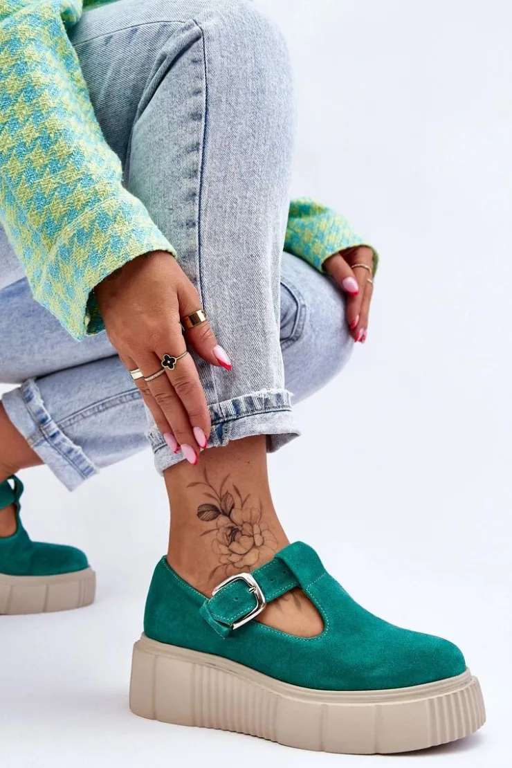 Zazoo Półbuty Lakierowane|Półbuty Skórzane*20102 Modne Zamszowe Półbuty Na Masywnej Platformie Zielone