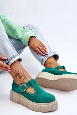 Zazoo Półbuty Lakierowane|Półbuty Skórzane*20102 Modne Zamszowe Półbuty Na Masywnej Platformie Zielone