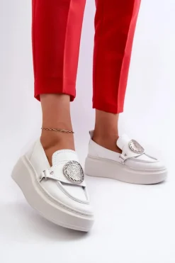 New Zazoo 3486 Mokasyny Damskie Skórzane Z Ozdobą Białe