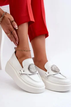 New Zazoo 3486 Mokasyny Damskie Skórzane Z Ozdobą Białe