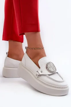 New Zazoo 3486 Mokasyny Damskie Skórzane Z Ozdobą Białe