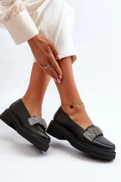 Damskie Zazoo 3419 Mokasyny Damskie Skórzane Z Ozdobnym Paseczkiem Czarne