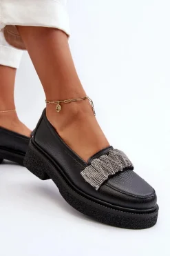 Damskie Zazoo 3419 Mokasyny Damskie Skórzane Z Ozdobnym Paseczkiem Czarne