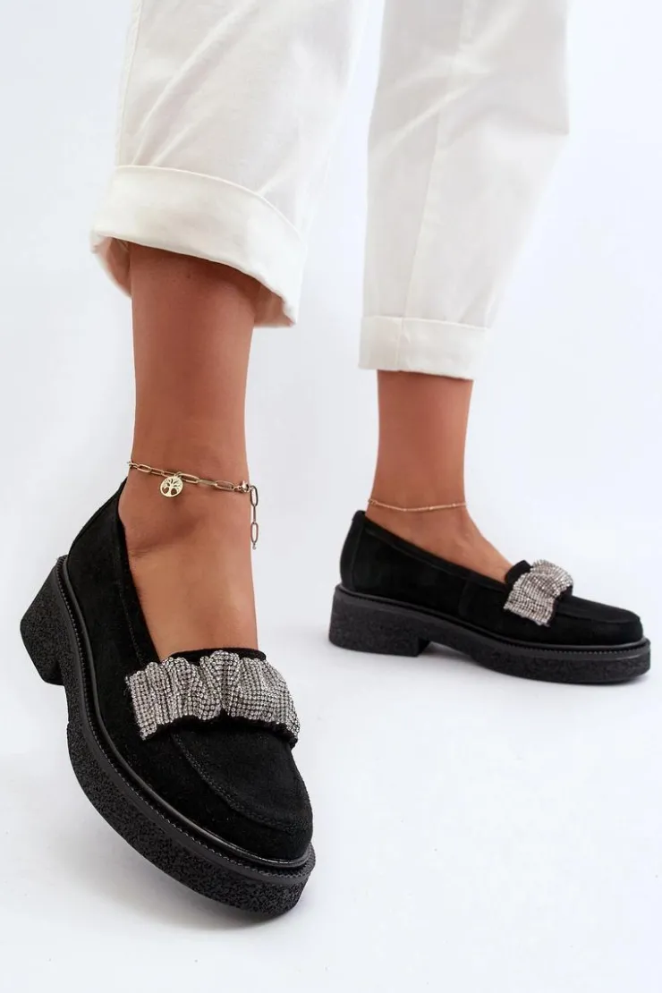 Damskie Zazoo 3419 Mokasyny Damskie Zamszowe Z Ozdobnym Paseczkiem Czarne