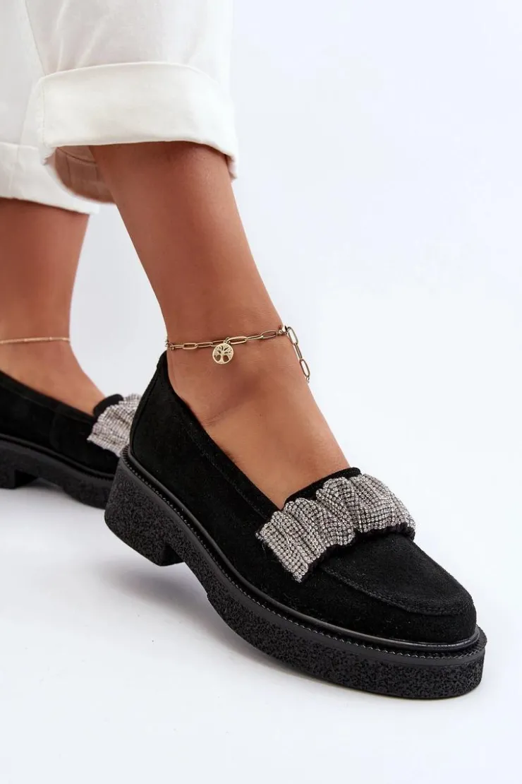 Damskie Zazoo 3419 Mokasyny Damskie Zamszowe Z Ozdobnym Paseczkiem Czarne