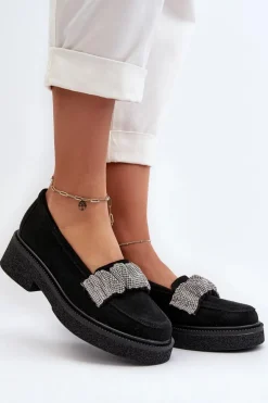 Damskie Zazoo 3419 Mokasyny Damskie Zamszowe Z Ozdobnym Paseczkiem Czarne