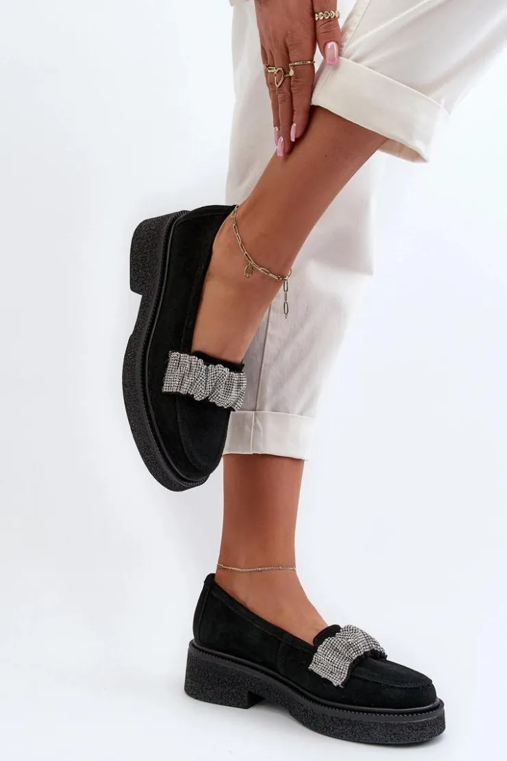 Damskie Zazoo 3419 Mokasyny Damskie Zamszowe Z Ozdobnym Paseczkiem Czarne