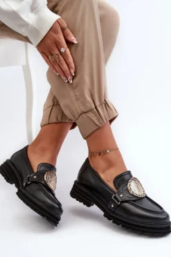 Zazoo Loafersy Damskie|Mokasyny Płaskie*3485 Mokasyny Damskie Ze Złotą Ozdobą Skóra Naturalna