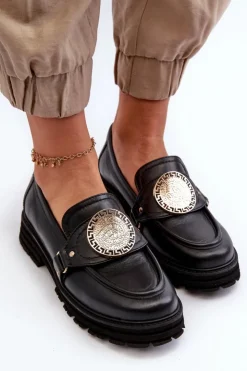 Zazoo Loafersy Damskie|Mokasyny Płaskie*3485 Mokasyny Damskie Ze Złotą Ozdobą Skóra Naturalna