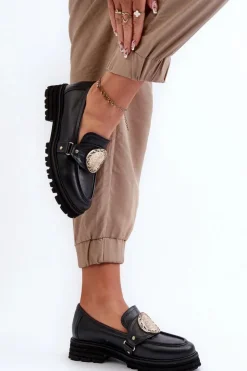 Zazoo Loafersy Damskie|Mokasyny Płaskie*3485 Mokasyny Damskie Ze Złotą Ozdobą Skóra Naturalna