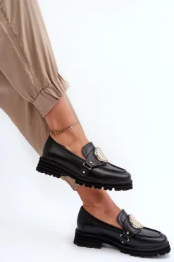 Zazoo Loafersy Damskie|Mokasyny Płaskie*3485 Mokasyny Damskie Ze Złotą Ozdobą Skóra Naturalna