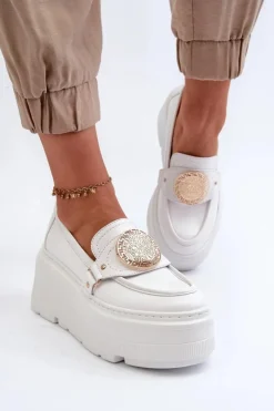 Zazoo Loafersy Damskie|Mokasyny Damskie Skórzane*3458 Mokasyny Skórzane Damskie Z Ozdobą Białe