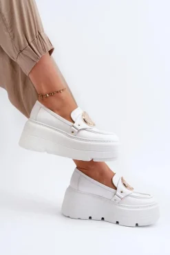 Zazoo Loafersy Damskie|Mokasyny Damskie Skórzane*3458 Mokasyny Skórzane Damskie Z Ozdobą Białe