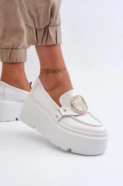 Zazoo Loafersy Damskie|Mokasyny Damskie Skórzane*3458 Mokasyny Skórzane Damskie Z Ozdobą Białe