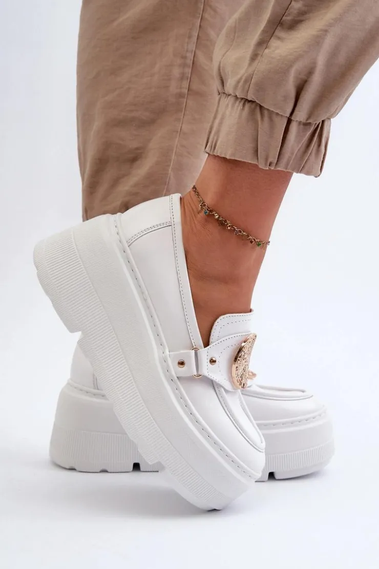 Zazoo Loafersy Damskie|Mokasyny Damskie Skórzane*3458 Mokasyny Skórzane Damskie Z Ozdobą Białe