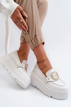 Zazoo Loafersy Damskie|Mokasyny Damskie Skórzane*3458 Mokasyny Skórzane Damskie Z Ozdobą Białe