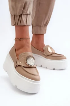 Online Zazoo 3458 Mokasyny Skórzane Damskie Z Ozdobą Beżowe