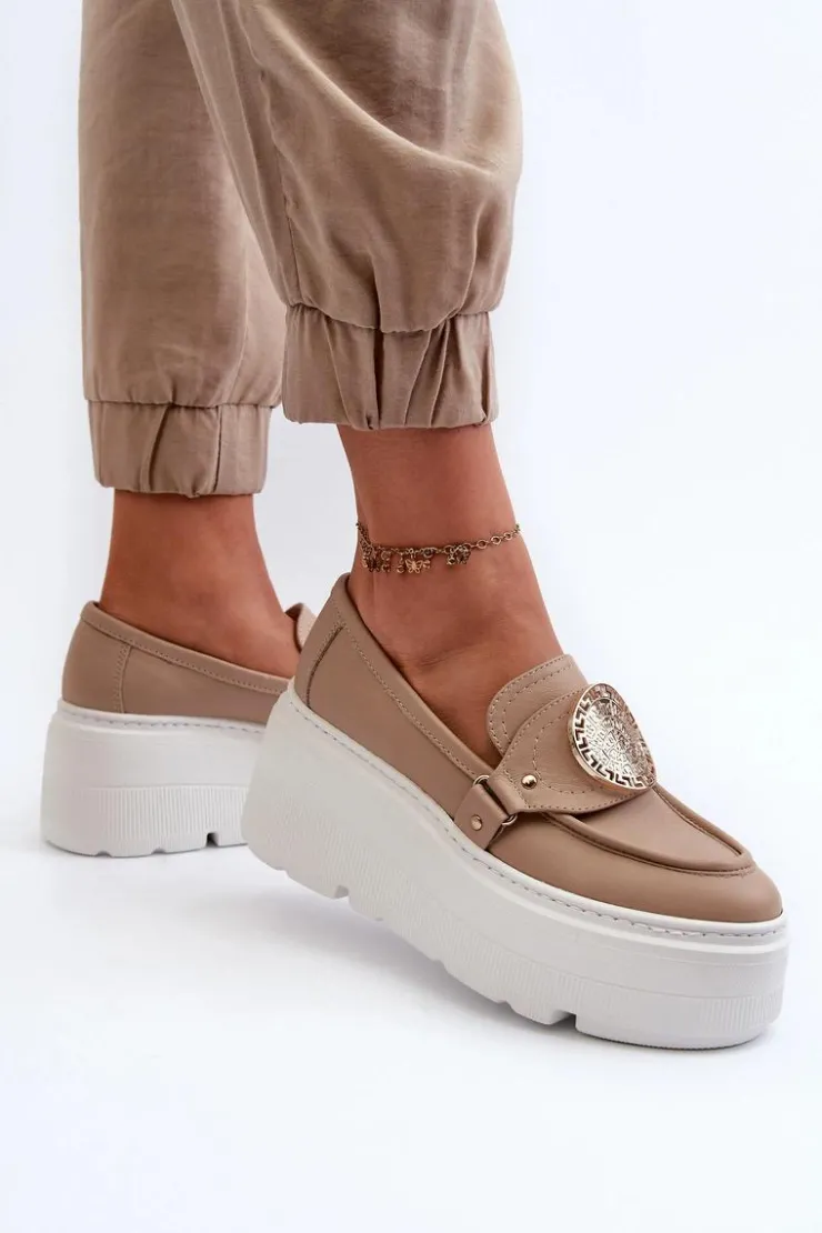 Online Zazoo 3458 Mokasyny Skórzane Damskie Z Ozdobą Beżowe