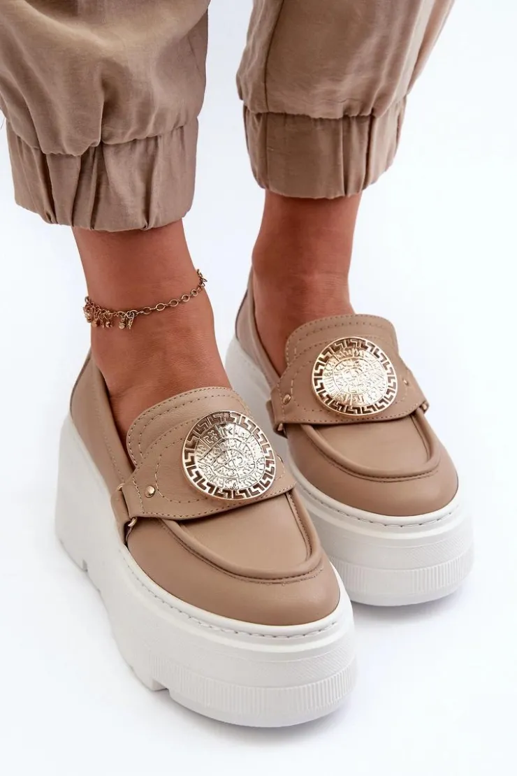 Online Zazoo 3458 Mokasyny Skórzane Damskie Z Ozdobą Beżowe