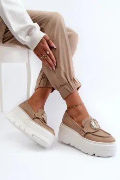 Online Zazoo 3458 Mokasyny Skórzane Damskie Z Ozdobą Beżowe