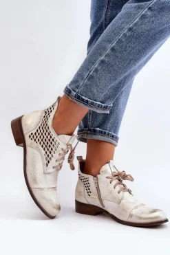 Zazoo Botki Wiosenne|Botki Skórzane*2878 Niskie Ażurowe Botki Skórzane Damskie Srebrne