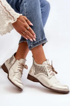 Zazoo Botki Wiosenne|Botki Skórzane*2878 Niskie Ażurowe Botki Skórzane Damskie Srebrne