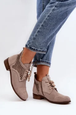 Damskie Zazoo 2878 Niskie Ażurowe Botki Damskie Zamszowe Beżowe