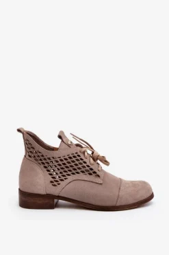 Damskie Zazoo 2878 Niskie Ażurowe Botki Damskie Zamszowe Beżowe
