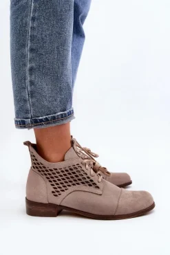 Damskie Zazoo 2878 Niskie Ażurowe Botki Damskie Zamszowe Beżowe