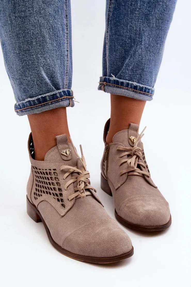 Damskie Zazoo 2878 Niskie Ażurowe Botki Damskie Zamszowe Beżowe