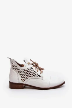 Outlet Zazoo 2878 Niskie Ażurowe Botki Skórzane Damskie Białe