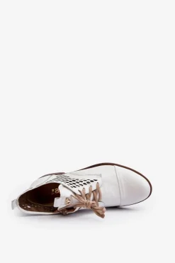 Outlet Zazoo 2878 Niskie Ażurowe Botki Skórzane Damskie Białe