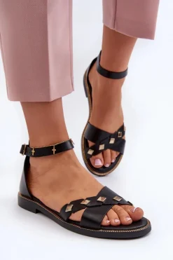 Damskie Zazoo 40378 Płaskie Skórzane Sandały Damskie Czarne