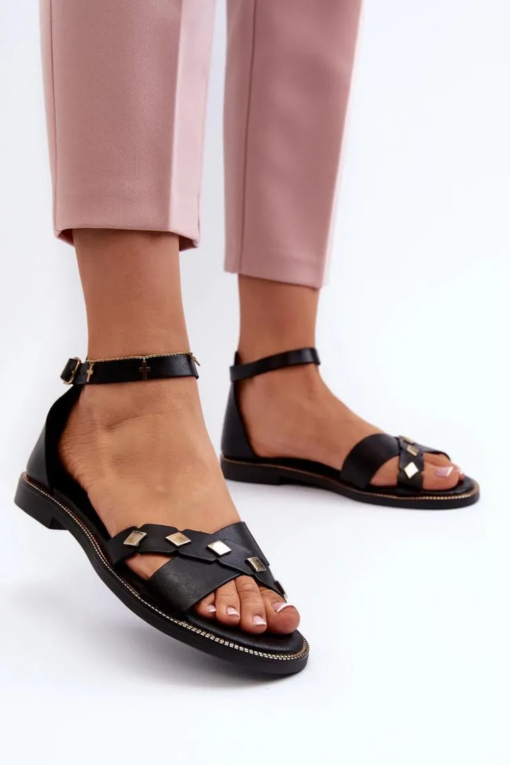 Damskie Zazoo 40378 Płaskie Skórzane Sandały Damskie Czarne