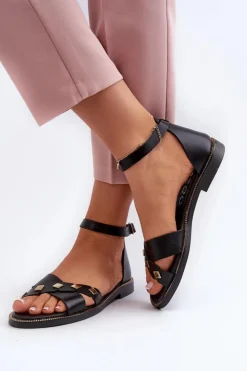 Damskie Zazoo 40378 Płaskie Skórzane Sandały Damskie Czarne