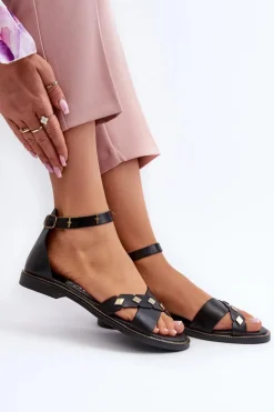 Damskie Zazoo 40378 Płaskie Skórzane Sandały Damskie Czarne