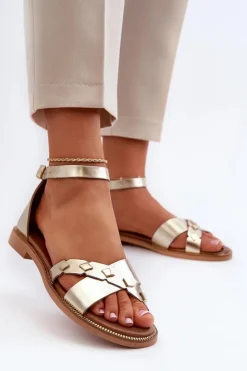 Damskie Zazoo 40378 Płaskie Skórzane Sandały Damskie Złote