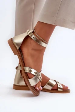 Damskie Zazoo 40378 Płaskie Skórzane Sandały Damskie Złote