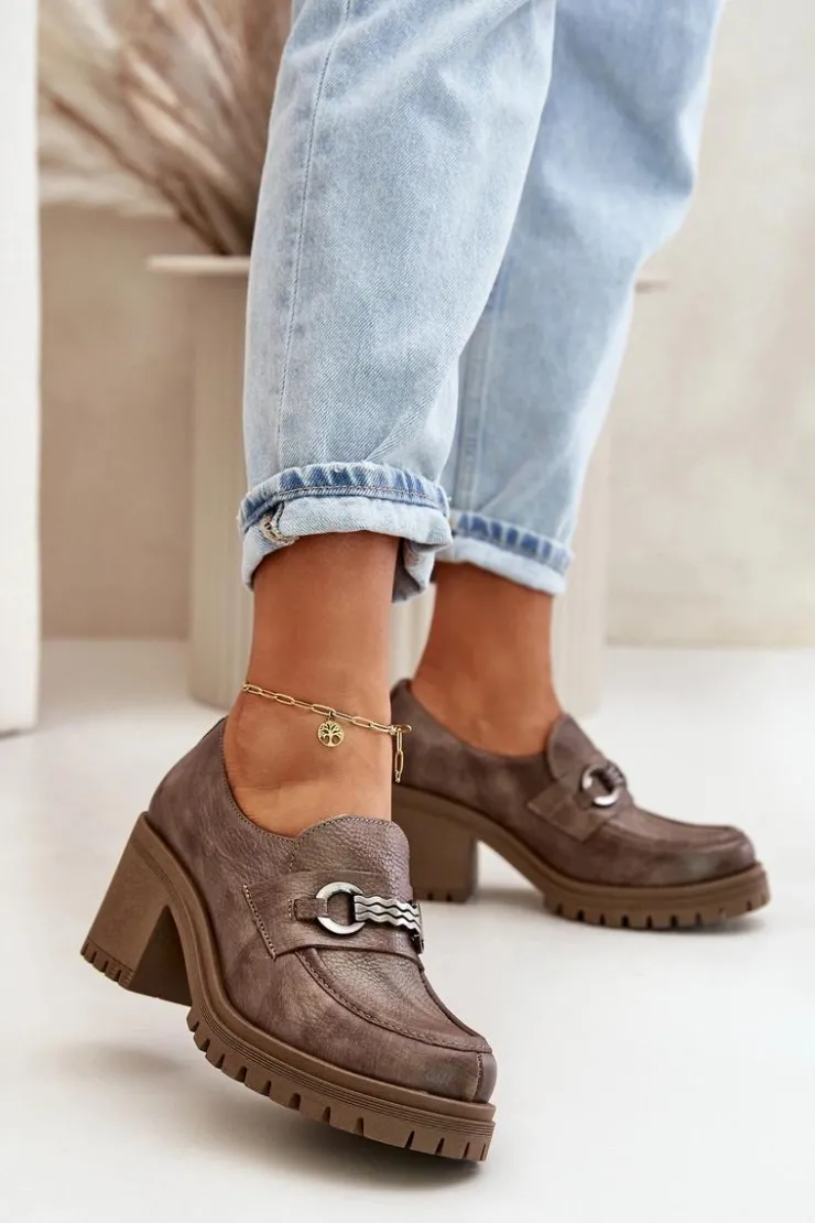 Damskie Zazoo 20175 Półbuty Damskie Na Słupku Skóra Naturalna Ciemnobeżowe